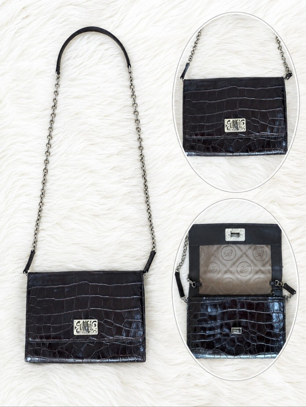 Y2K Brighton Deep Chocolate Croc-Embossed luxe Leather Chain Crossbody Bag